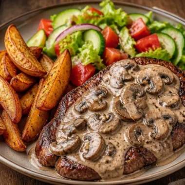 Golden Mushroom Steak Plate 34 Delicious golden mushroom steak served on a plate with fresh vegetables