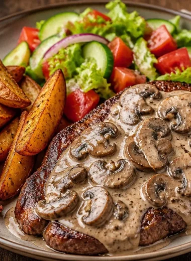 Delicious golden mushroom steak served on a plate with fresh vegetables