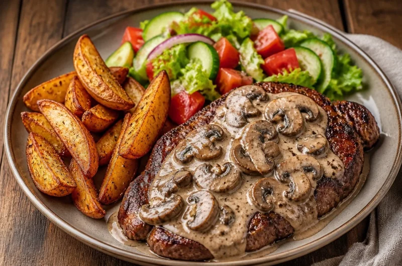 Delicious golden mushroom steak served on a plate with fresh vegetables
