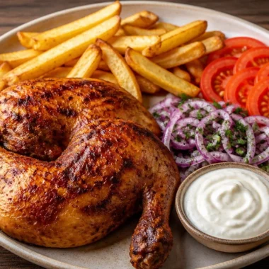 Golden Roast Chicken Platter 30 Golden roast chicken platter served with sides and garnishes for a festive meal.