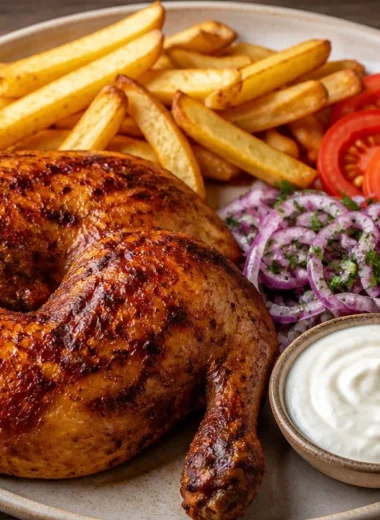 Golden roast chicken platter served with sides and garnishes for a festive meal.