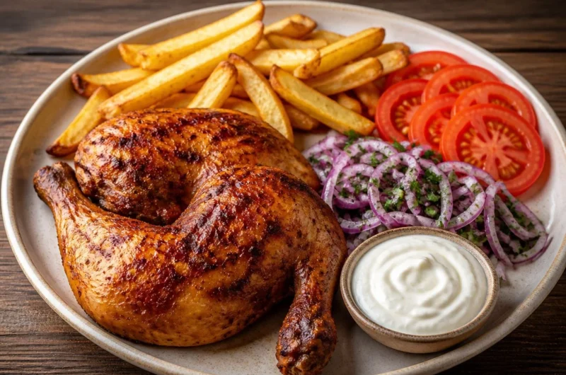 Golden roast chicken platter served with sides and garnishes for a festive meal.