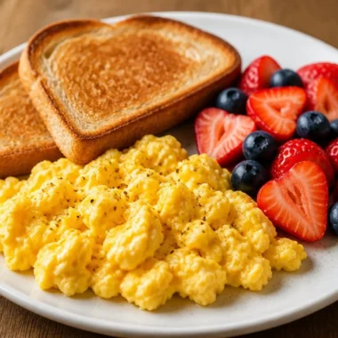 Golden scrambled eggs with berry toast served on a white plate
