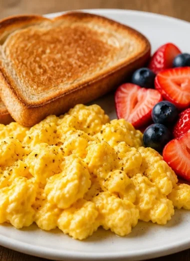 Golden scrambled eggs with berry toast served on a white plate
