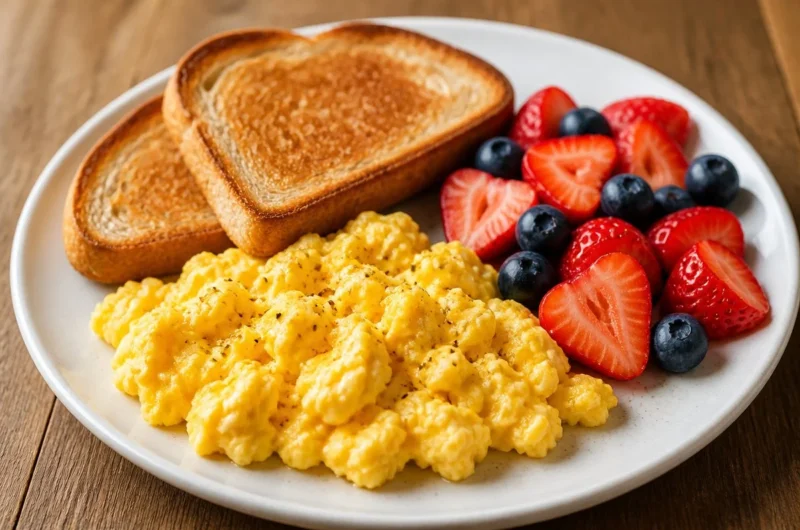 Golden scrambled eggs with berry toast served on a white plate
