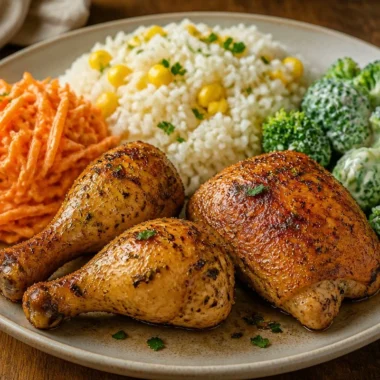 Herbed Chicken With Corn Rice and Veggies 33 Herbed chicken served with corn rice and mixed vegetables on a plate