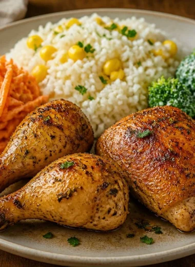 Herbed chicken served with corn rice and mixed vegetables on a plate