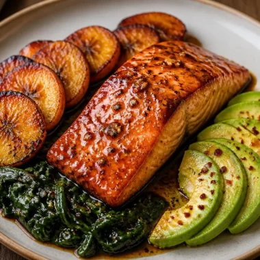 Honey glazed salmon cooked in one pan, garnished and ready to serve