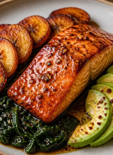 Honey glazed salmon cooked in one pan, garnished and ready to serve