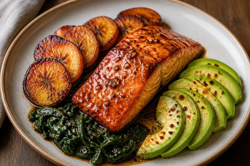 Honey glazed salmon cooked in one pan, garnished and ready to serve