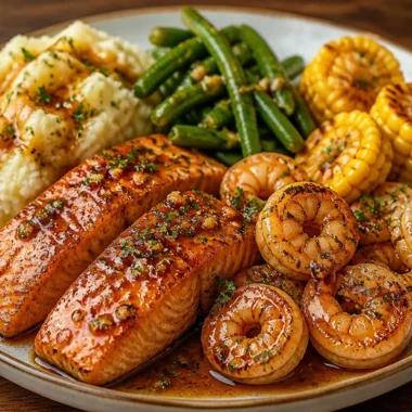 One-Pan Honey Garlic Salmon & Shrimp dish served on a plate with vegetables