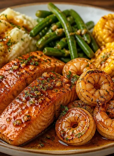 One-Pan Honey Garlic Salmon & Shrimp dish served on a plate with vegetables