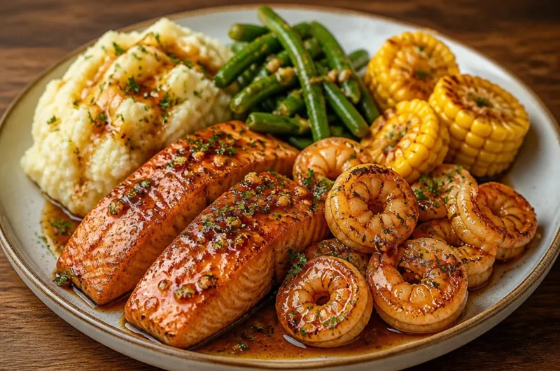 One-Pan Honey Garlic Salmon & Shrimp dish served on a plate with vegetables