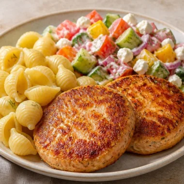 Pasta salad with crispy chicken patties and fresh garden vegetables