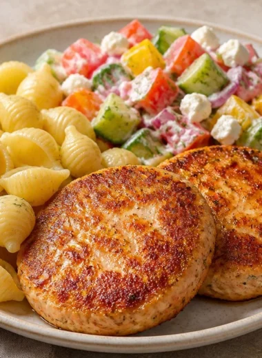 Pasta salad with crispy chicken patties and fresh garden vegetables