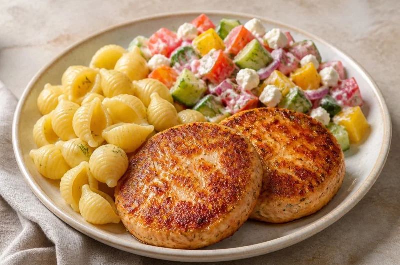 Pasta salad with crispy chicken patties and fresh garden vegetables
