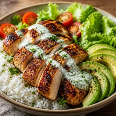 Delicious rice bowl topped with herb-grilled chicken and fresh vegetables