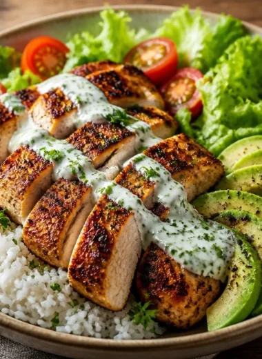 Delicious rice bowl topped with herb-grilled chicken and fresh vegetables