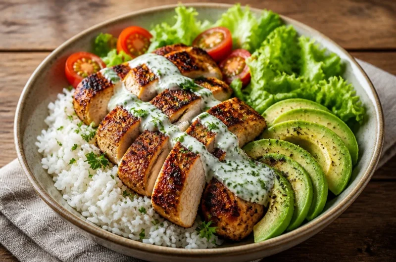 Delicious rice bowl topped with herb-grilled chicken and fresh vegetables