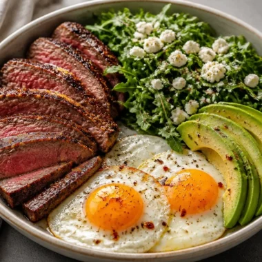 Sizzling Steak and Eggs Power Bowl served with fresh ingredients.