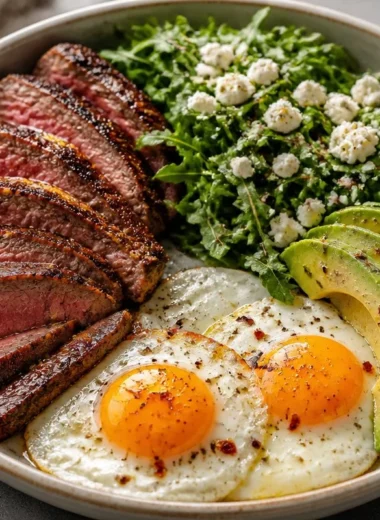Sizzling Steak and Eggs Power Bowl served with fresh ingredients.