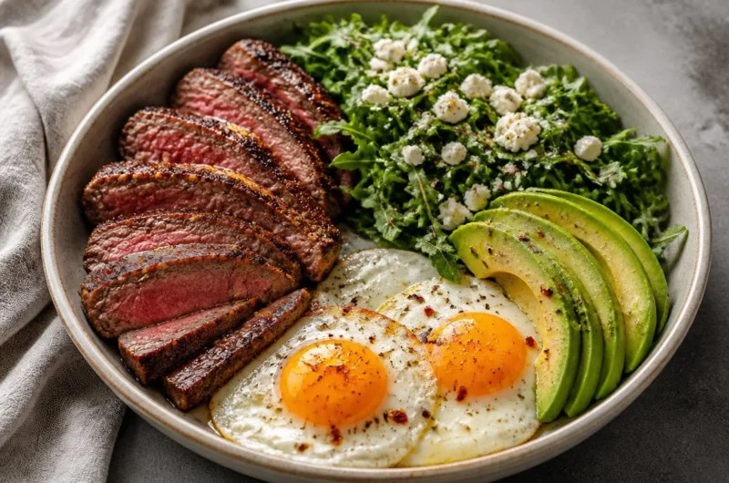 Sizzling Steak and Eggs Power Bowl served with fresh ingredients.