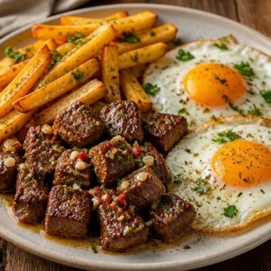 Delicious skillet steak and eggs served with crispy fries.