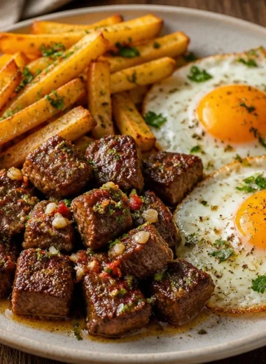 Delicious skillet steak and eggs served with crispy fries.