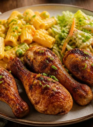 Smoky chicken drumsticks paired with pasta and slaw on a rustic plate