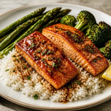 Sticky Honey Garlic Salmon 35 Delicious sticky honey garlic salmon garnished with herbs and served on a plate