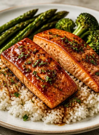 Delicious sticky honey garlic salmon garnished with herbs and served on a plate