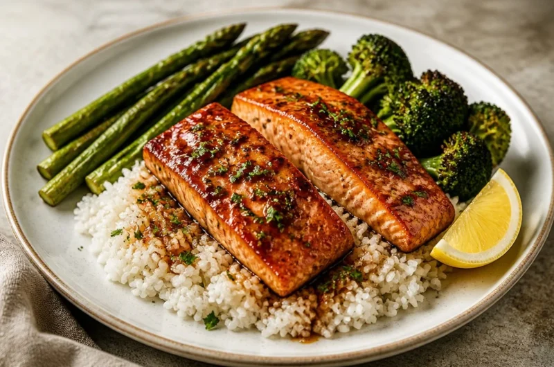 Delicious sticky honey garlic salmon garnished with herbs and served on a plate