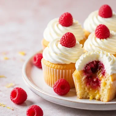 Delicious lemon raspberry cupcakes with frosting on a decorative plate