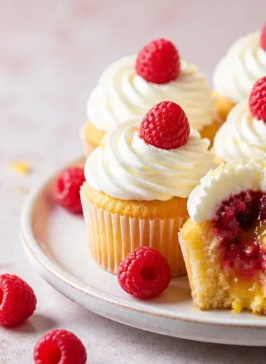 Delicious lemon raspberry cupcakes with frosting on a decorative plate