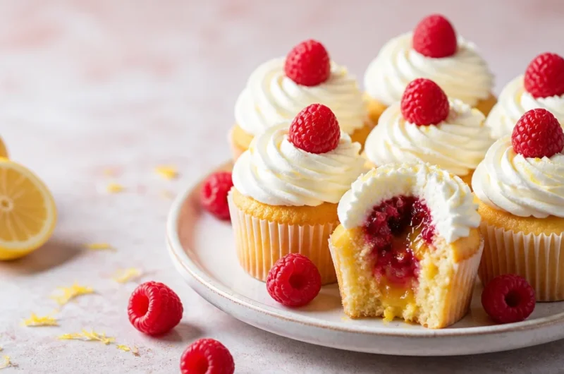 Delicious lemon raspberry cupcakes with frosting on a decorative plate