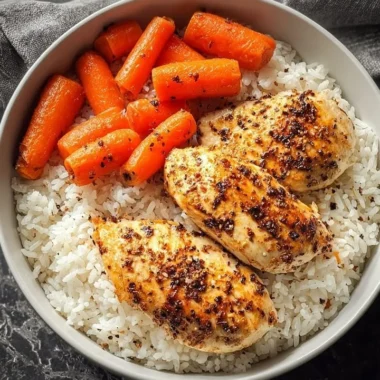 Black pepper chicken breast served with rice and glazed carrots on a plate