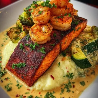 Cajun salmon served with garlic shrimp and creamy vegetables on a plate
