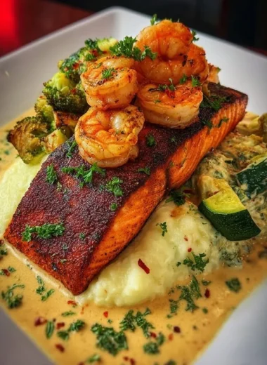 Cajun salmon served with garlic shrimp and creamy vegetables on a plate
