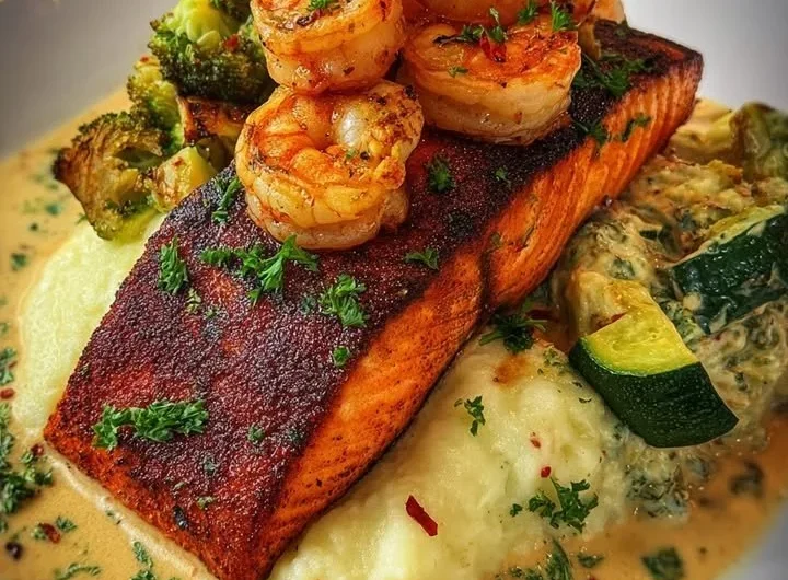 Cajun salmon served with garlic shrimp and creamy vegetables on a plate