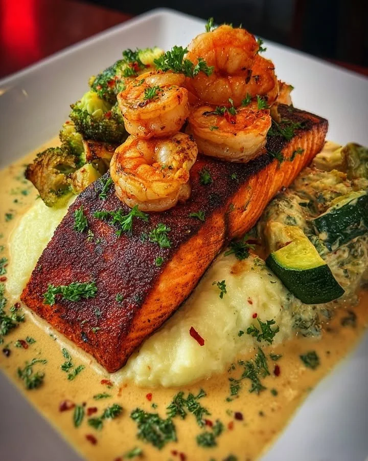 Cajun salmon served with garlic shrimp and creamy vegetables on a plate