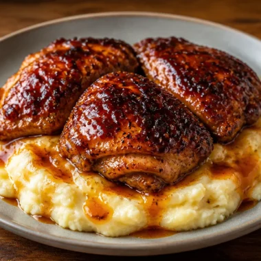 Chipotle Honey Chicken Thighs With Smoked Gouda Mashed Potatoes 30 Chipotle Honey Chicken thighs plated with smoked Gouda mashed potatoes for a delicious meal