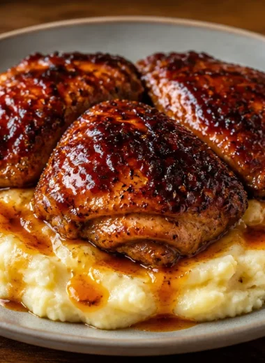 Chipotle Honey Chicken thighs plated with smoked Gouda mashed potatoes for a delicious meal
