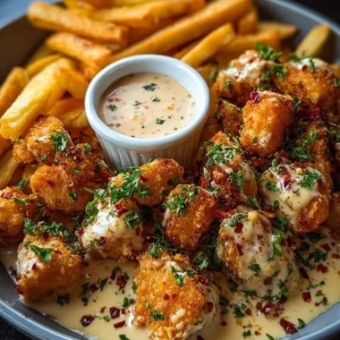 Creamy Cajun chicken bites with crispy fries on a plate