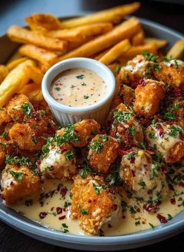 Creamy Cajun chicken bites with crispy fries on a plate