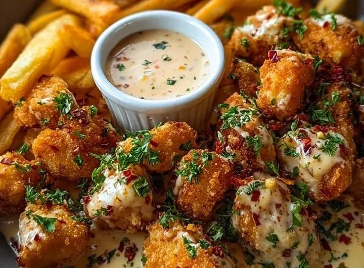 Creamy Cajun chicken bites with crispy fries on a plate