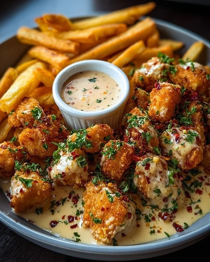 Creamy Cajun chicken bites with crispy fries on a plate