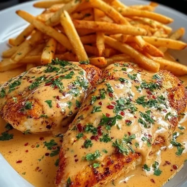 Creamy Cajun Chicken with Crispy Fries 35 Creamy Cajun chicken served with crispy fries, a flavorful and delicious meal.