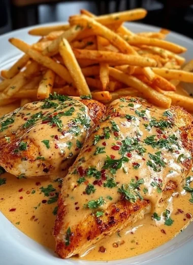 Creamy Cajun chicken served with crispy fries, a flavorful and delicious meal.