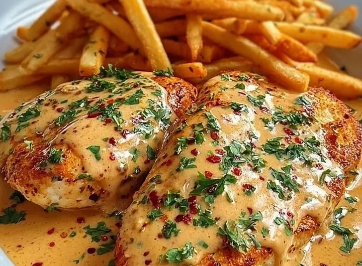 Creamy Cajun chicken served with crispy fries, a flavorful and delicious meal.