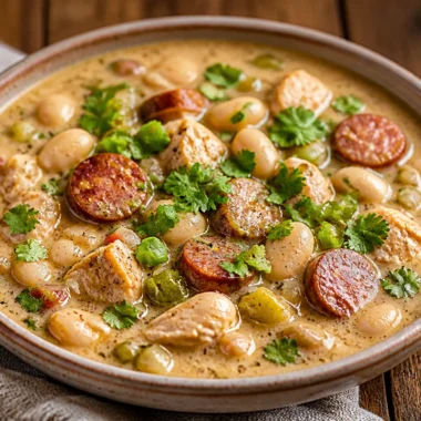 Creamy Cajun White Chicken Chili 30 Bowl of creamy Cajun White Chicken Chili garnished with herbs